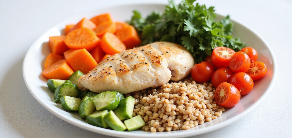 Un plato colorido y equilibrado con vegetales frescos, proteínas magras y granos enteros.